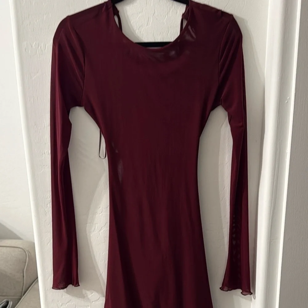 Red Ruched Long Sleeve Mini Dress - Picture 3 of 6